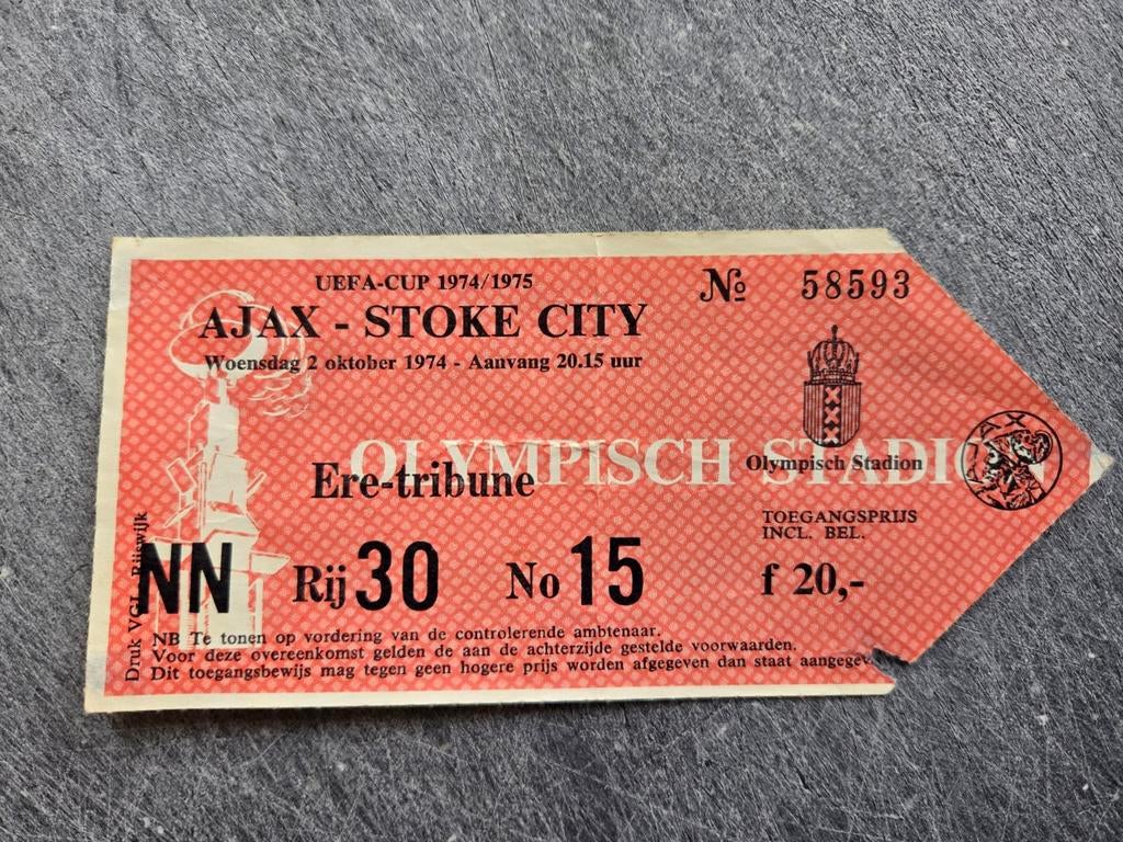 Origineel toegangsbewijs Ajax -Stoke City 1974 1e ronde UEFA, Ophalen of Verzenden, Los biljet