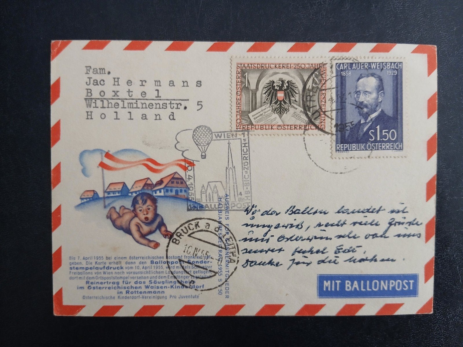 Oostenrijkse Ballonpostkaart 1955, Ophalen of Verzenden, 1940 tot 1960, Gelopen, Oostenrijk
