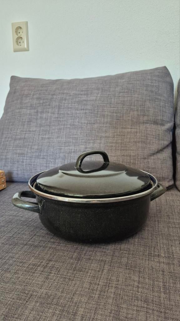 Emaille Braadpan met Deksel - Zwart/Blauw, Gebruikt, Gietijzer, Ophalen of Verzenden, Keramische plaat