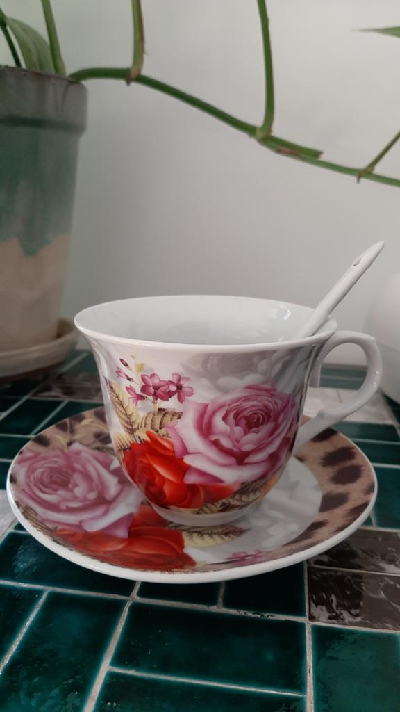 Kop en schotel met rozen en luipaardprint, Keramiek, Ophalen of Verzenden, Zo goed als nieuw, Overige stijlen