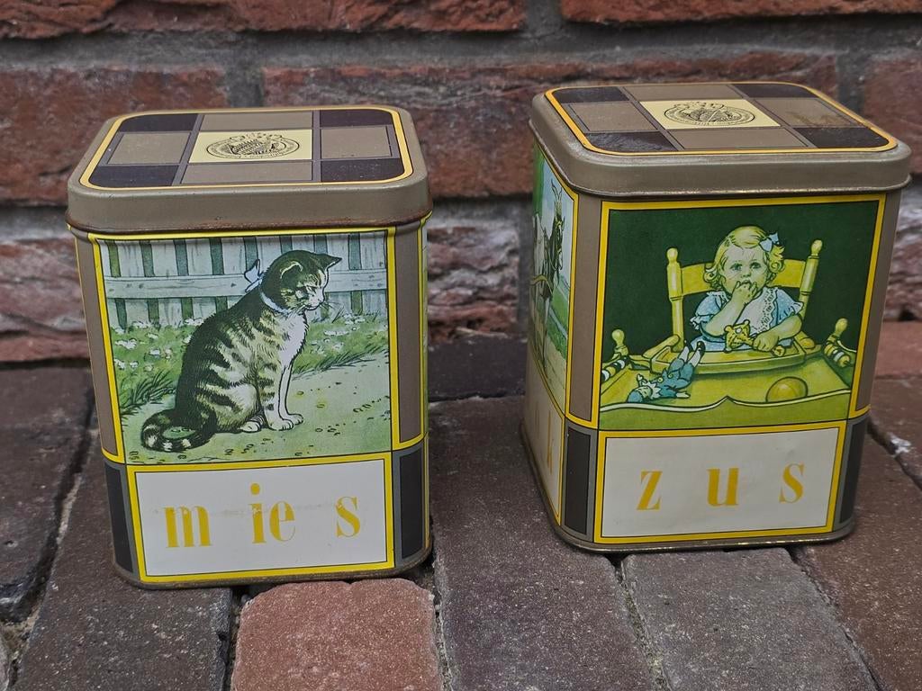 2 vintage antieke Aap - Noot - Mies blikjes samen €9, Verzamelen, Blikken, Ophalen of Verzenden, Zo goed als nieuw, Overige