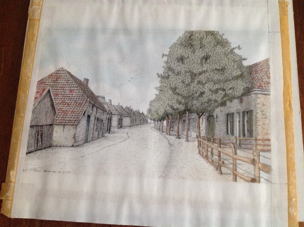 Zutphania, ingekleurde tekening "Weg naar Voorst" de Hoven, Ophalen of Verzenden, Tekening, Pentekening, Achter glas
