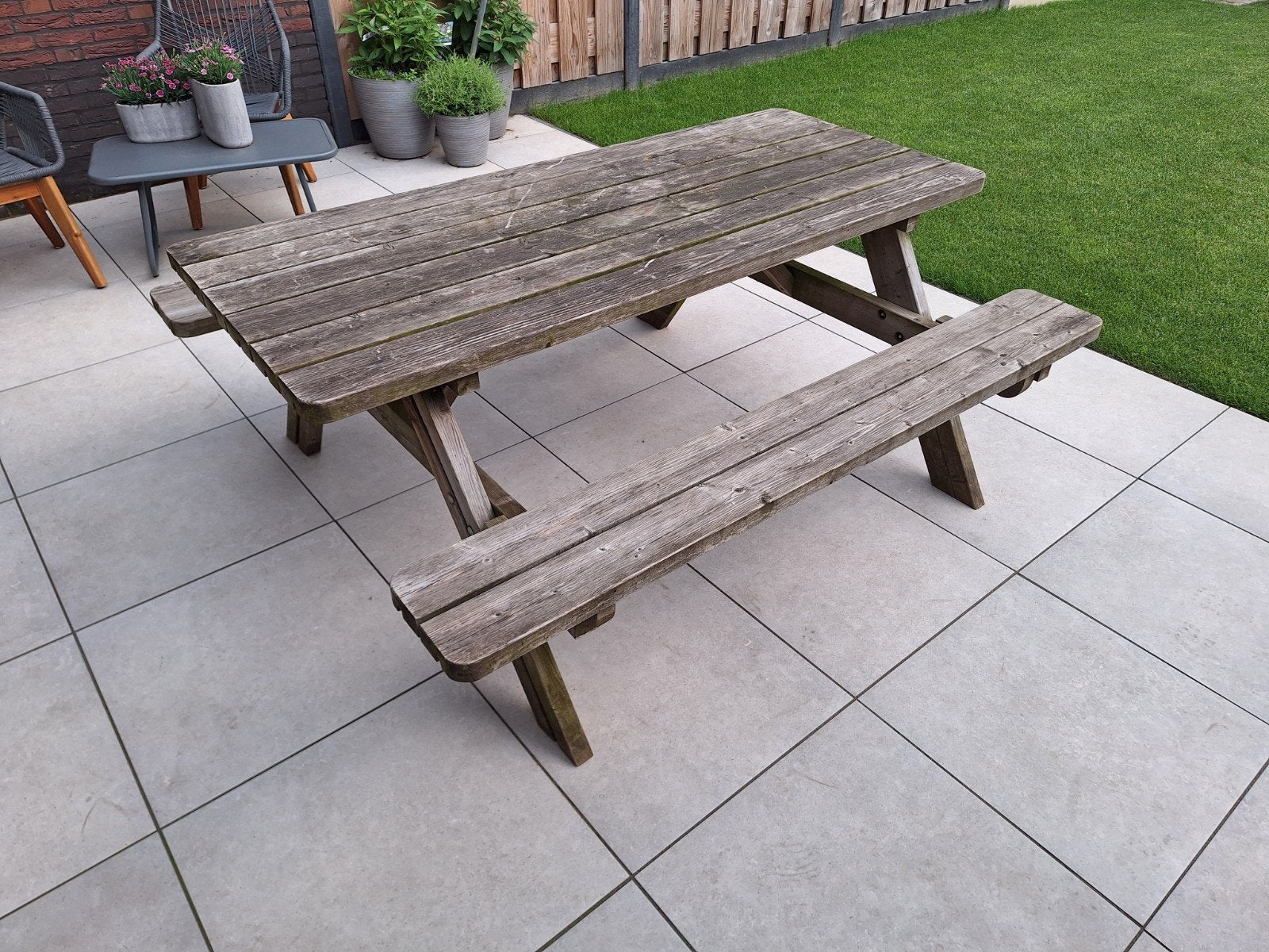 Houten picknicktafel met bankjes, Tuin en Terras, Ophalen of Verzenden, Gebruikt, Rechthoekig, Hout