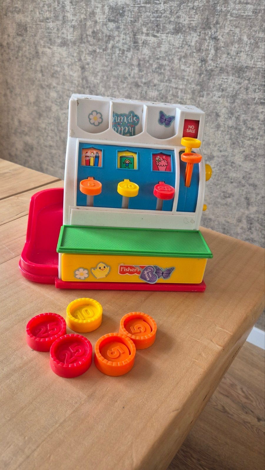 Vintage Fisher-Price speelgoed kassa met munten – retro, Ophalen of Verzenden, Gebruikt, Speelset