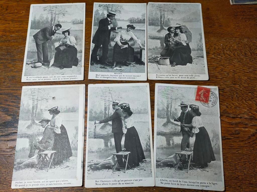 Set van 6 antieke Franse visserij ansichtkaarten, Ophalen of Verzenden