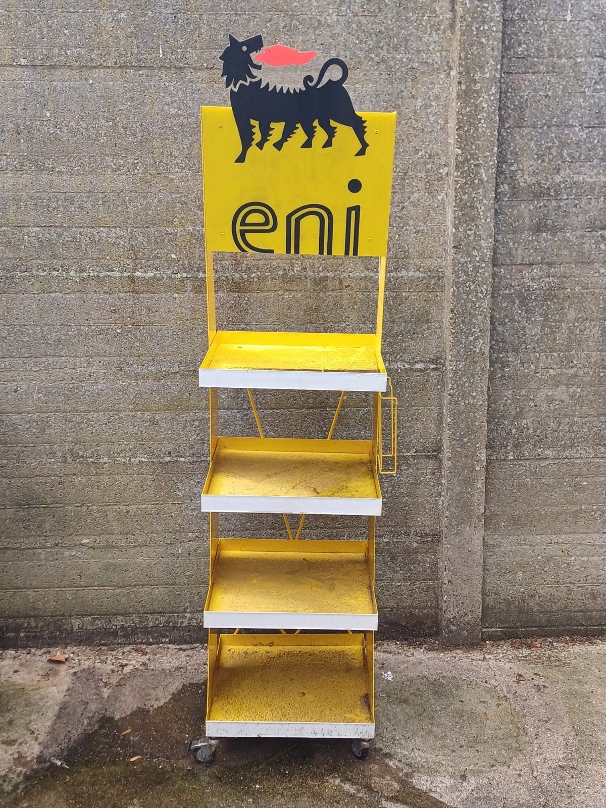 Vintage ENI Display Rek - Geel met Zwarte Hond, Ophalen, Gebruikt, Reclamebord