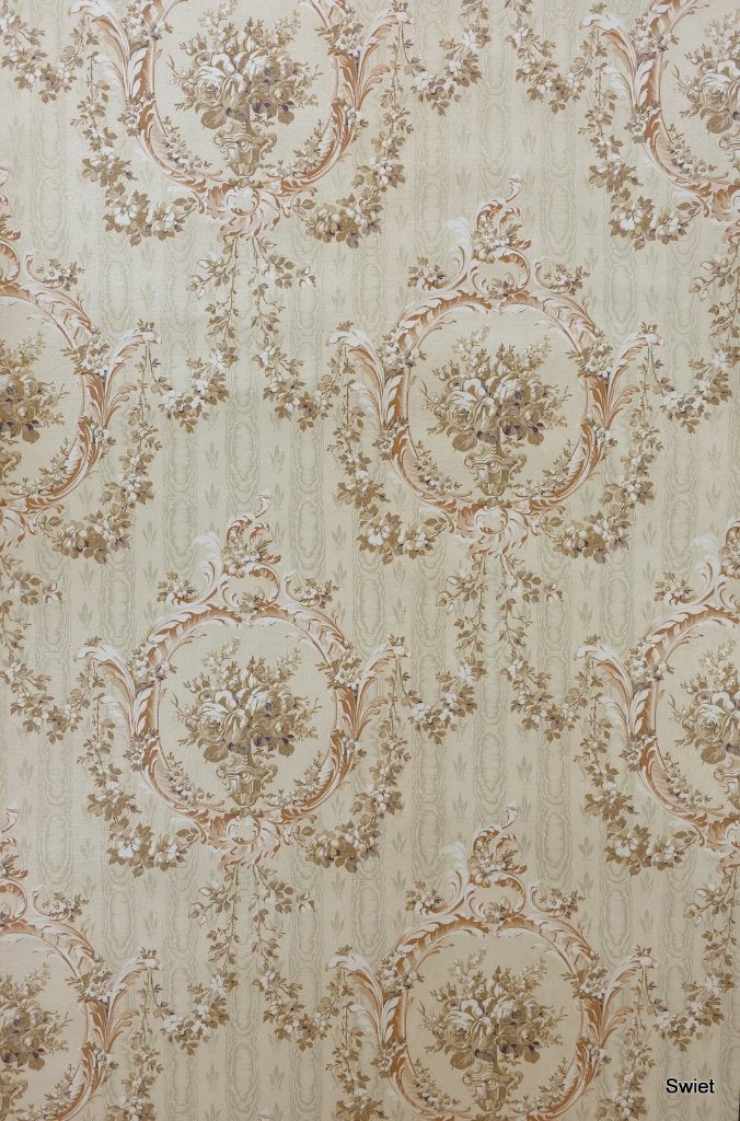 13064 klassiek medaillon behang met bloemen en moiré swiet, Verzenden, Beige