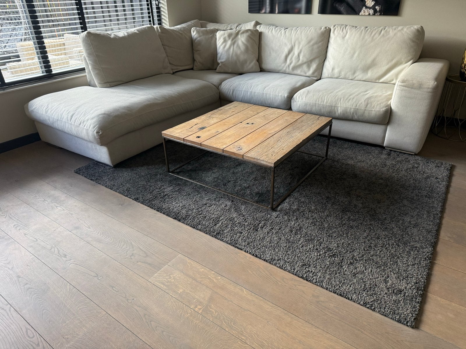 Comfortabele hoekbank in lichte stof 275x220, Ophalen, 250 tot 300 cm, Gebruikt, 100 tot 125 cm