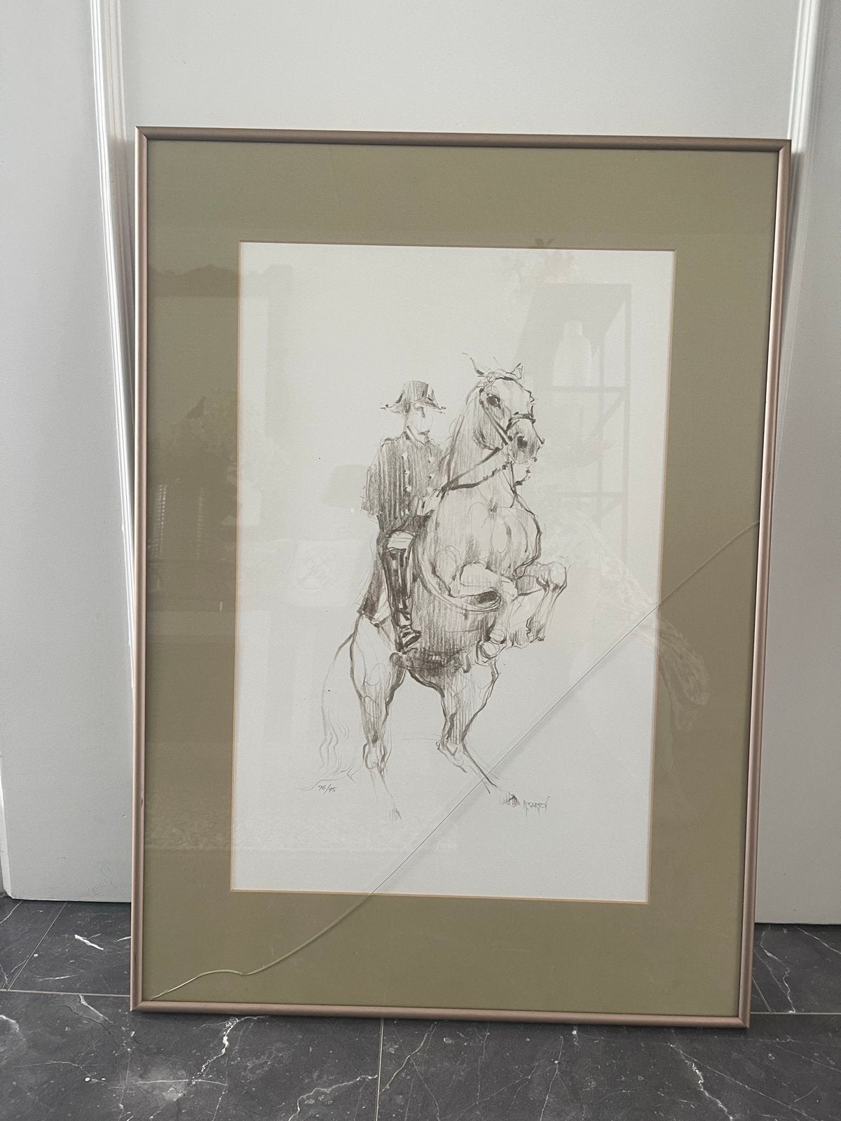 N. Karpov - Paard en ruiter - Ingelijste tekening, Ophalen, Tekening, Potloodtekening, Gesigneerd
