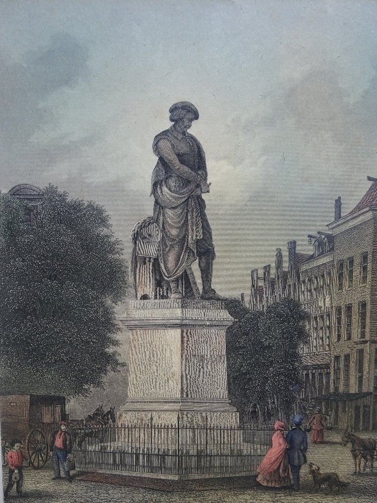 Staalgravure kleur standbeeld Rembrandt, g. Heisinger, 1858, Antiek en Kunst, 1800 - 1899, Stadsgezicht, Ophalen of Verzenden