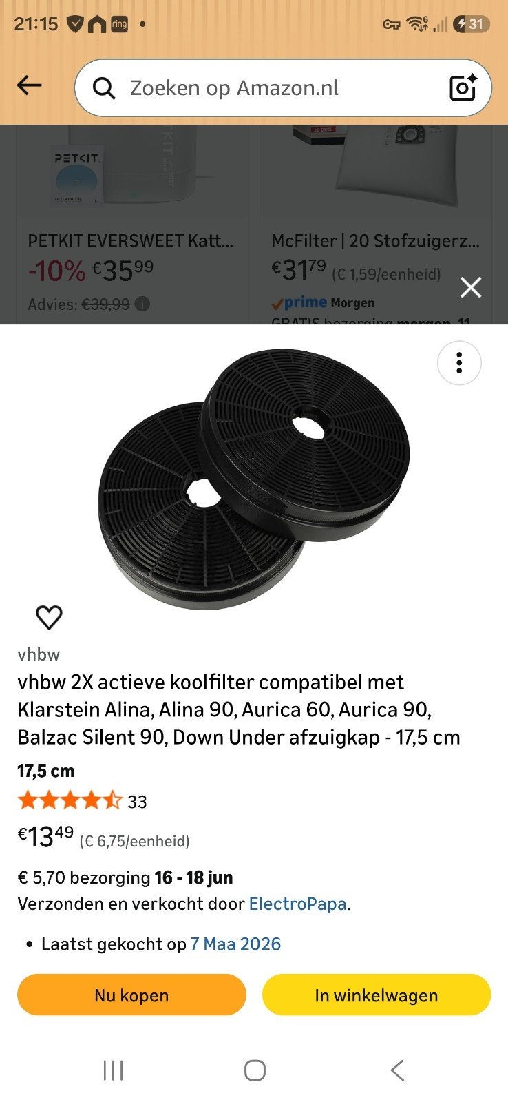 vhbw 2X actieve koolfilter voor afzuigkap - 17,5 cm, Witgoed en Apparatuur, Afzuigkappen, Overige typen, Nieuw, Ophalen of Verzenden