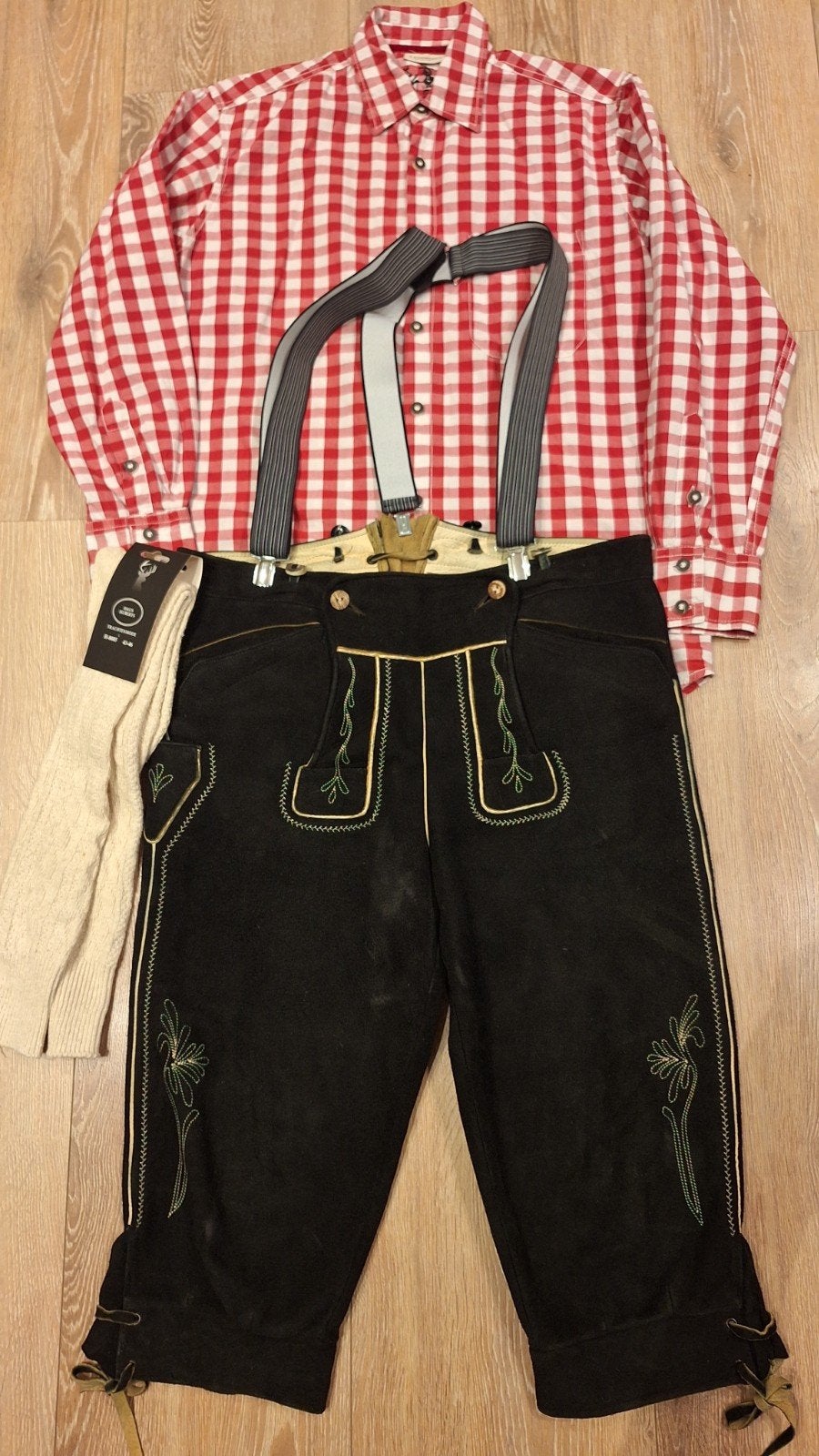 Trachten lederhose 48 overhemd kousen oktoberfeest, Ophalen of Verzenden, Gedragen, Maat 48/50 (M)