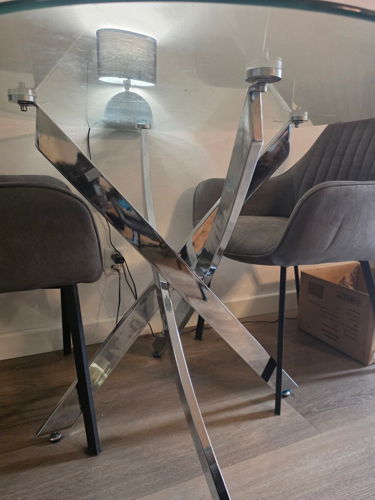 Ronde glazen eettafel met chromen poten (incl. stoelen), Ophalen, Gebruikt, Rond, Glas
