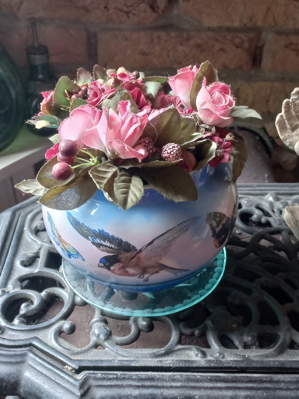 Prachtige Porseleinen Rozenbowl/Cachepot met Vogels, Antiek en Kunst, Ophalen of Verzenden