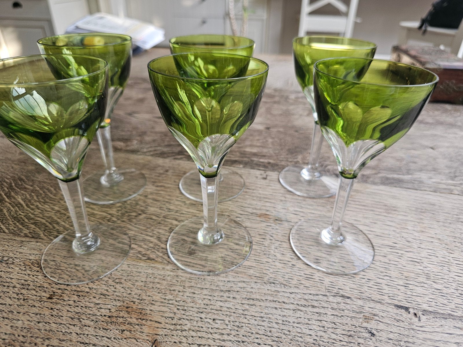 Set van 6 vintage groene kristallen likeurglazen, Ophalen of Verzenden