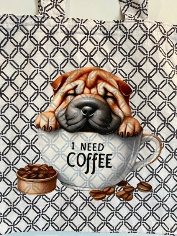 Handgemaakte Shar-Pei Puppy Tote Bag – I need COFFEE, Ophalen of Verzenden, Nieuw, Overige kleuren, Overige merken