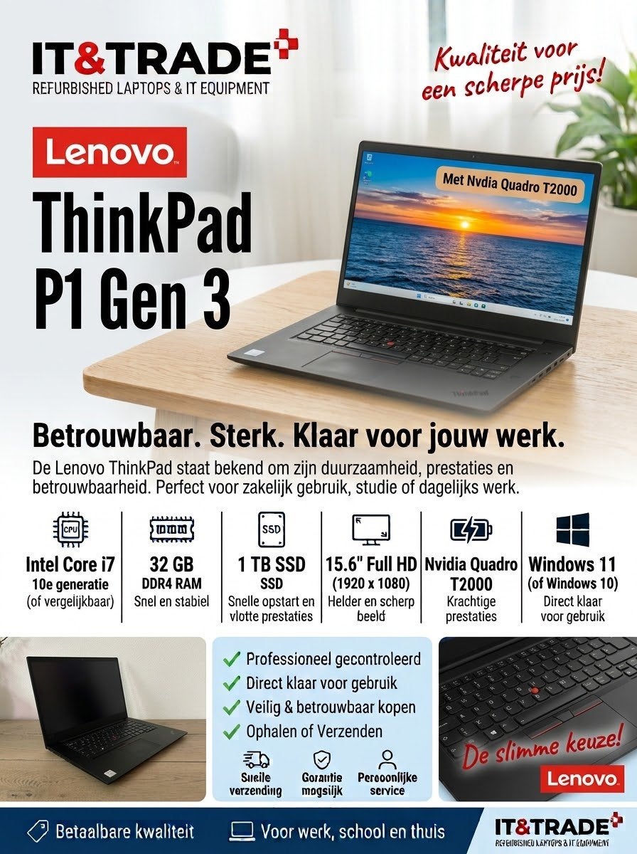 Lenovo ThinkPad P1 Gen 3 - i7, 32GB, 1TB SSD, Nvdia, Computers en Software, 64 GB of meer, Met videokaart, 2 tot 3 Ghz, Ophalen of Verzenden