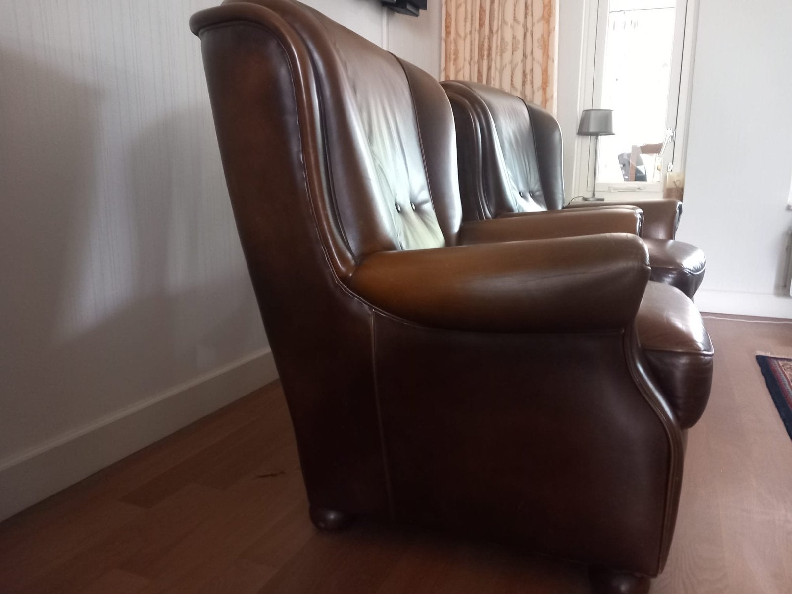 Set van 2 vintage leren fauteuils, Ophalen, Gebruikt, Leer, 75 tot 100 cm