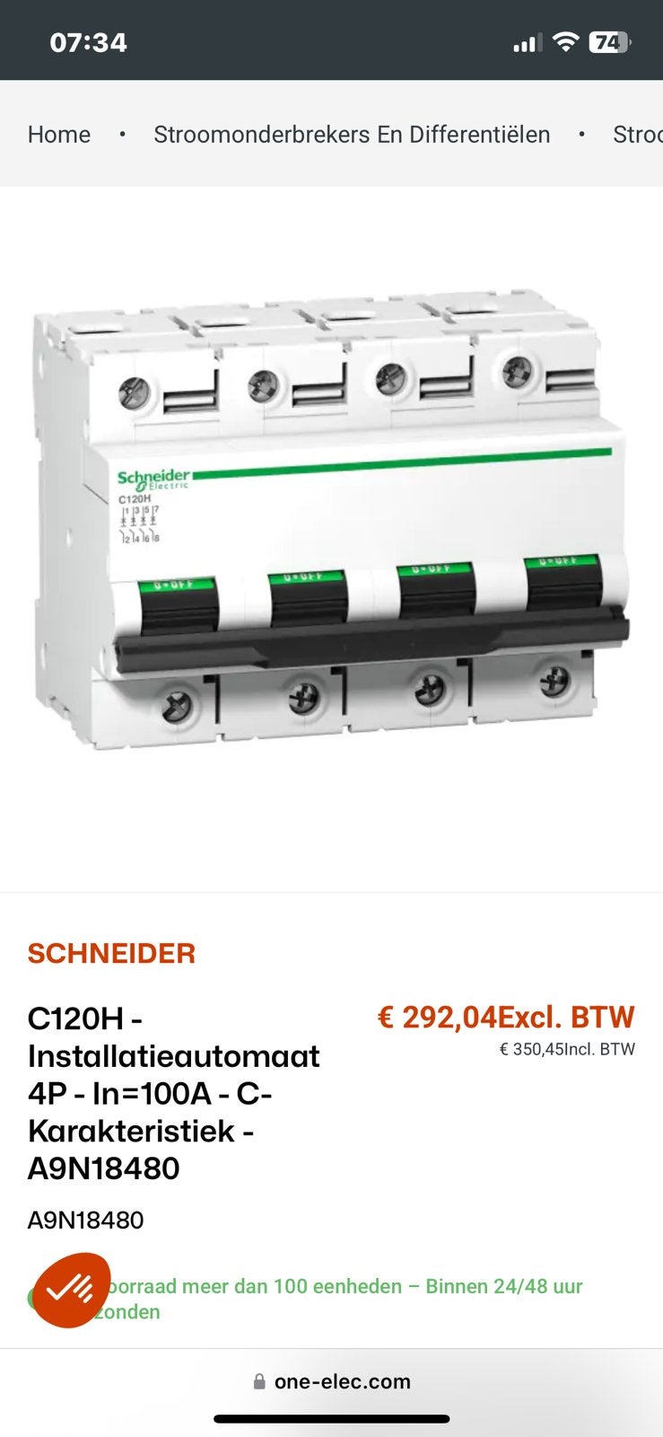 Schneider C120H Installatieautomaat 4P 100A, Doe-het-zelf en Verbouw, Elektra en Kabels, Ophalen of Verzenden, Nieuw, Schakelaar