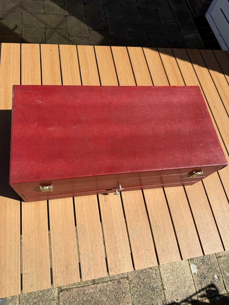 Vintage Bestekcassette Rood Leer - Deels leeg, Ophalen