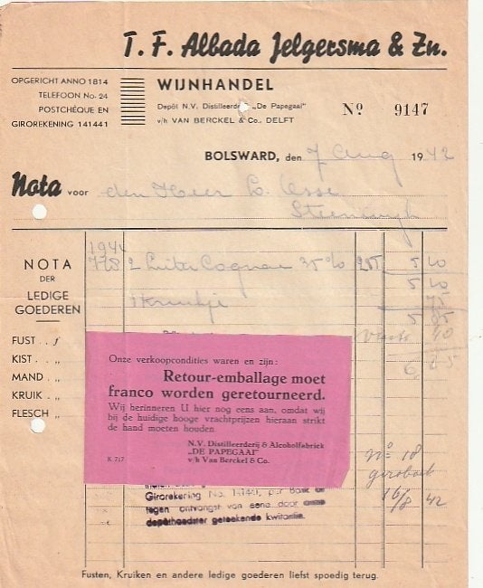 Bolsward Albada Jelgersma gedistilleerd De Papegaai factuur, Ophalen of Verzenden, Zo goed als nieuw, Overige typen