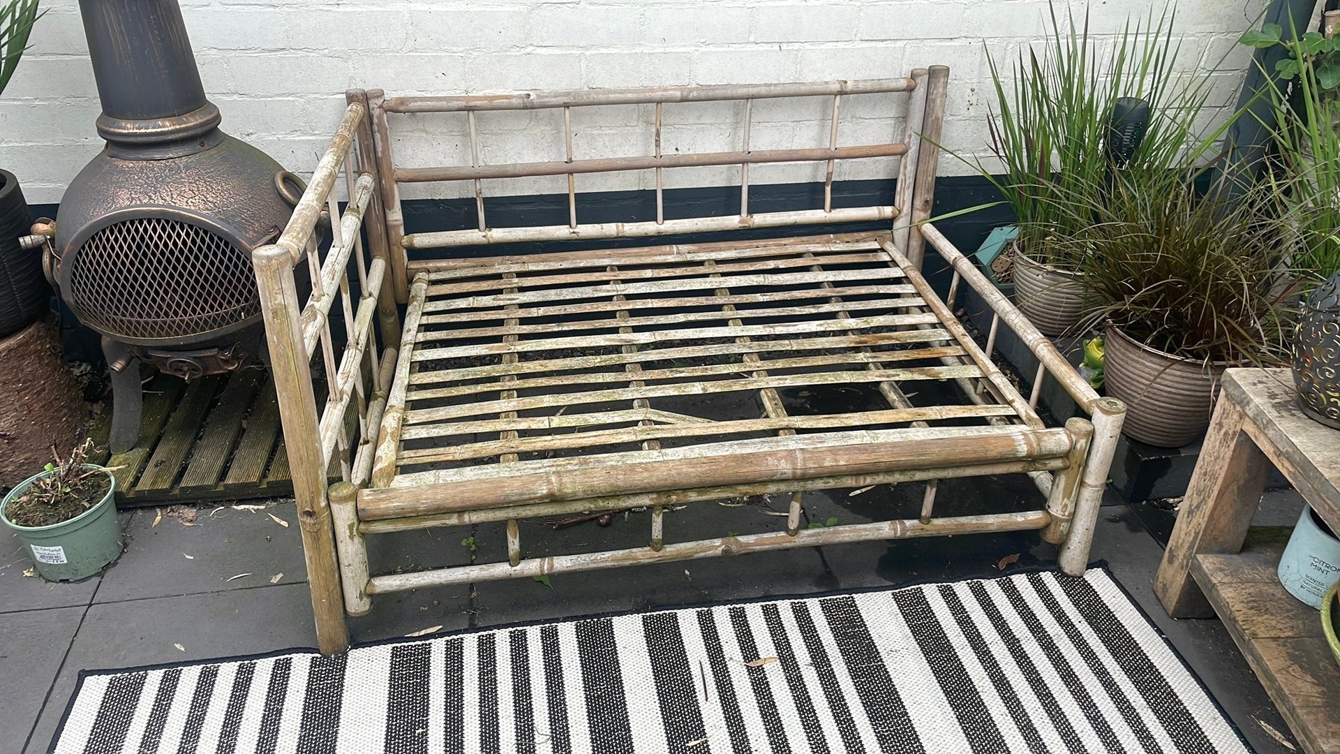 Bamboe tuinbankje tweezitter met kussens, Tuin en Terras, Tuinbanken, Ophalen, Gebruikt, Hout