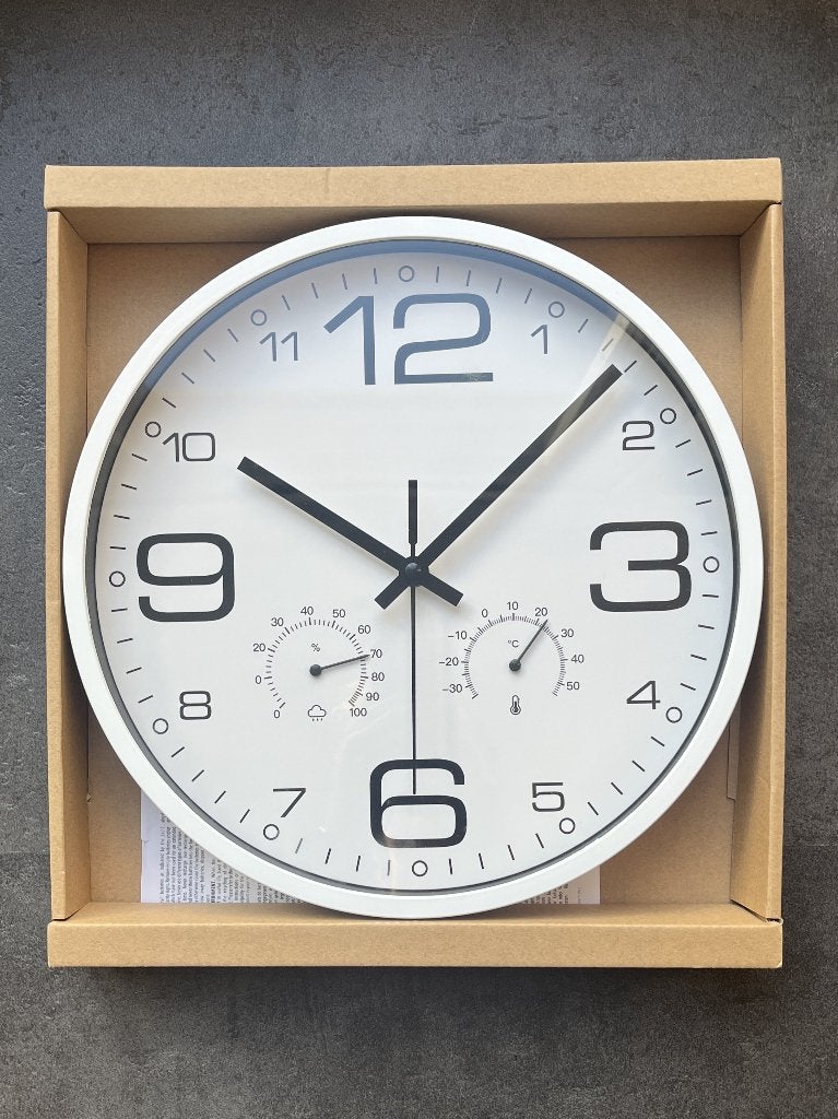 Witte klok met thermometer en hygrometer, Ophalen, Wandklok, Wit, Met thermometer