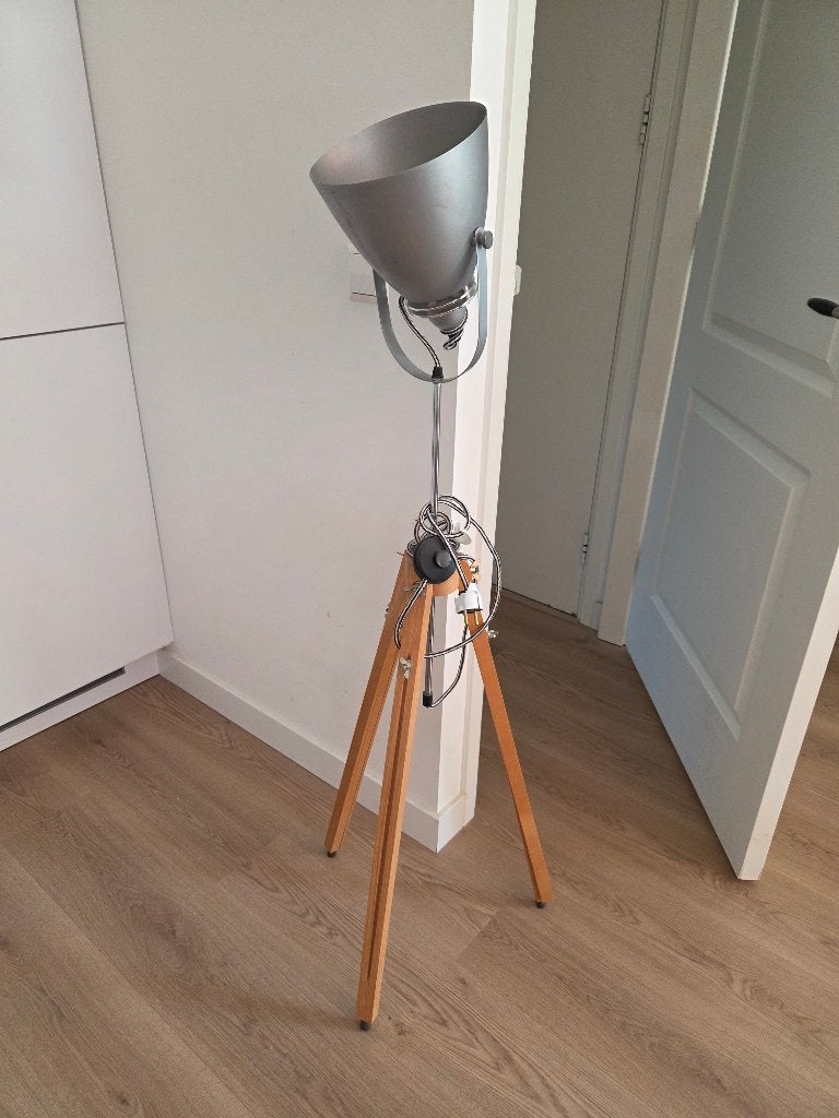 Stande Lamp Zilver met Hout, Ophalen, Gebruikt, 100 tot 150 cm, E27 (groot)