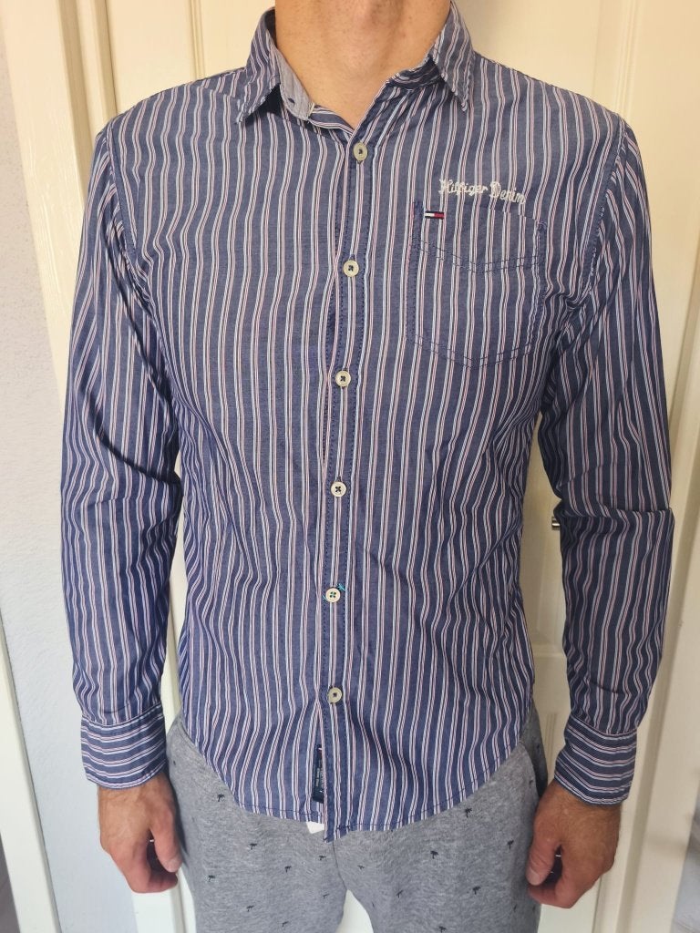 Tommy Hilfiger blauw gestreept shirt lange mouwen maat S, Kleding | Heren, Tommy Hilfiger, Halswijdte 39/40 (M), Gedragen, Verzenden
