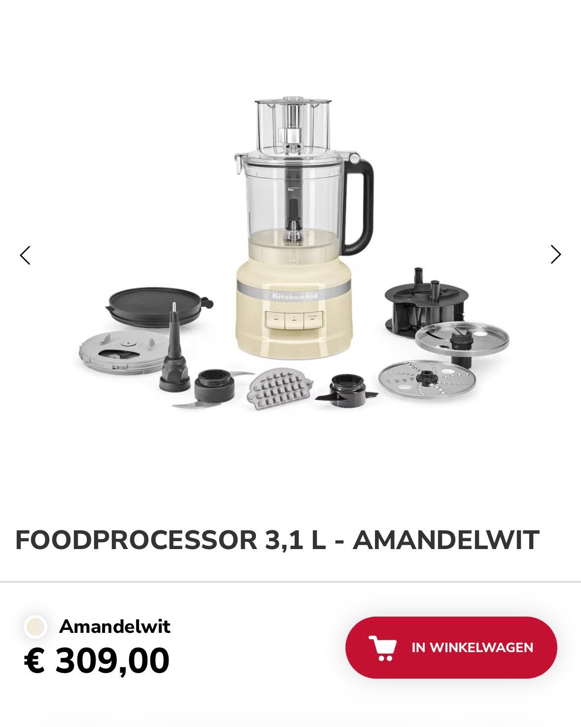 Nieuwe Kitchenaid foodprocessor 3.1L in doos, Nieuw, Ophalen of Verzenden, Vaatwasserbestendig, 3 snelheden of meer