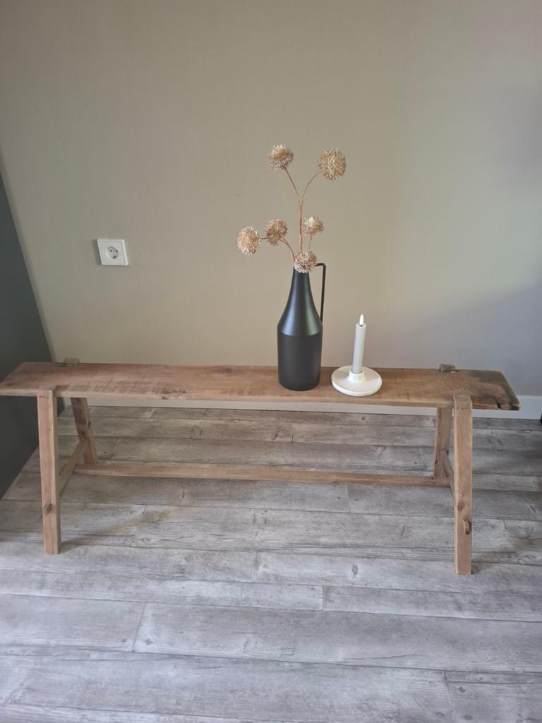Oud houten sidetable / bankje, Huis en Inrichting, Ophalen, Gebruikt, 100 tot 150 cm, Rustiek, Landelijk