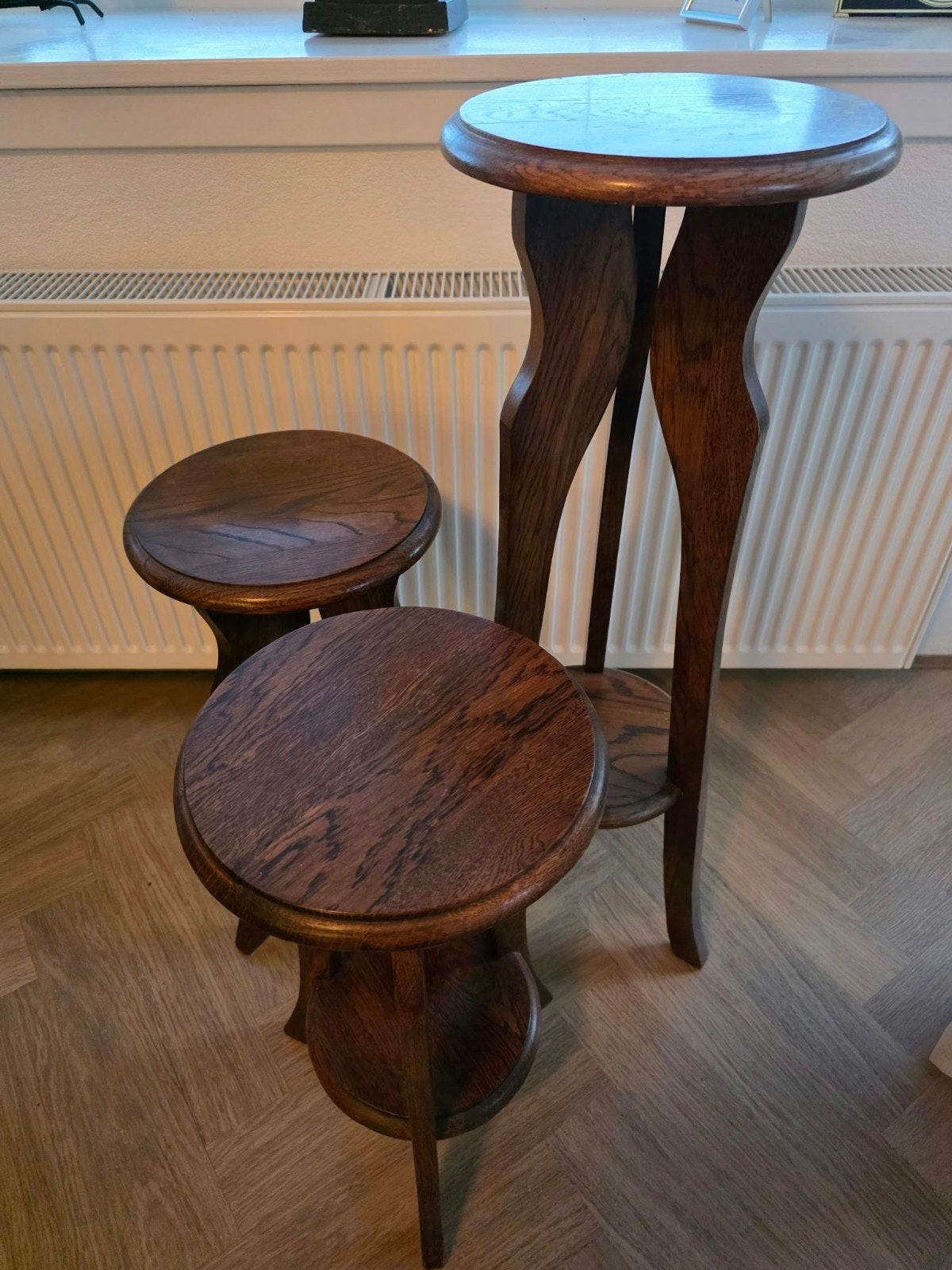 Set van 3 houten plantentafels/bijzettafels, Huis en Inrichting, Ophalen, Minder dan 55 cm, Gebruikt, Rond
