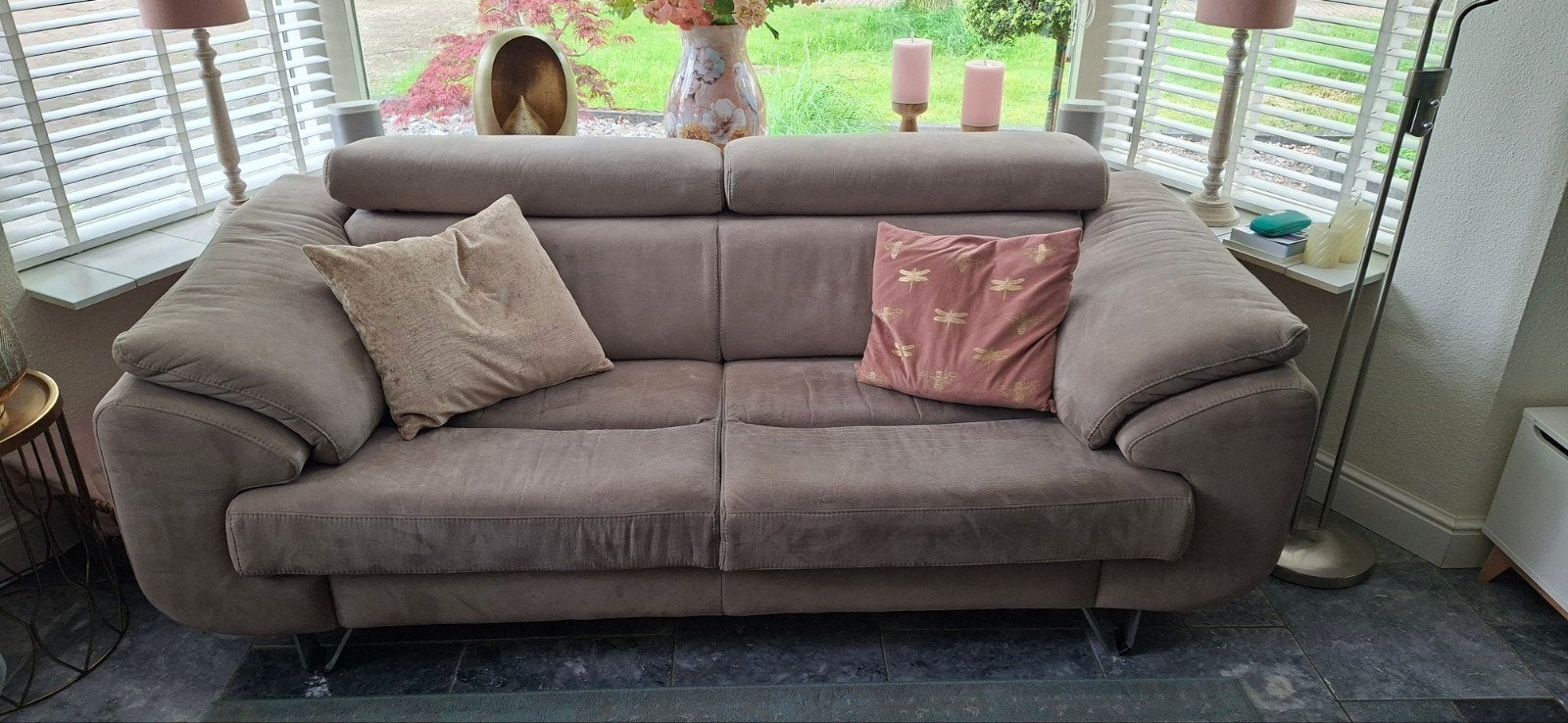 Montel 2,5-zits bank taupe met verstelbaar hoofdeinde, Ophalen, Gebruikt, Driepersoons, 75 tot 100 cm