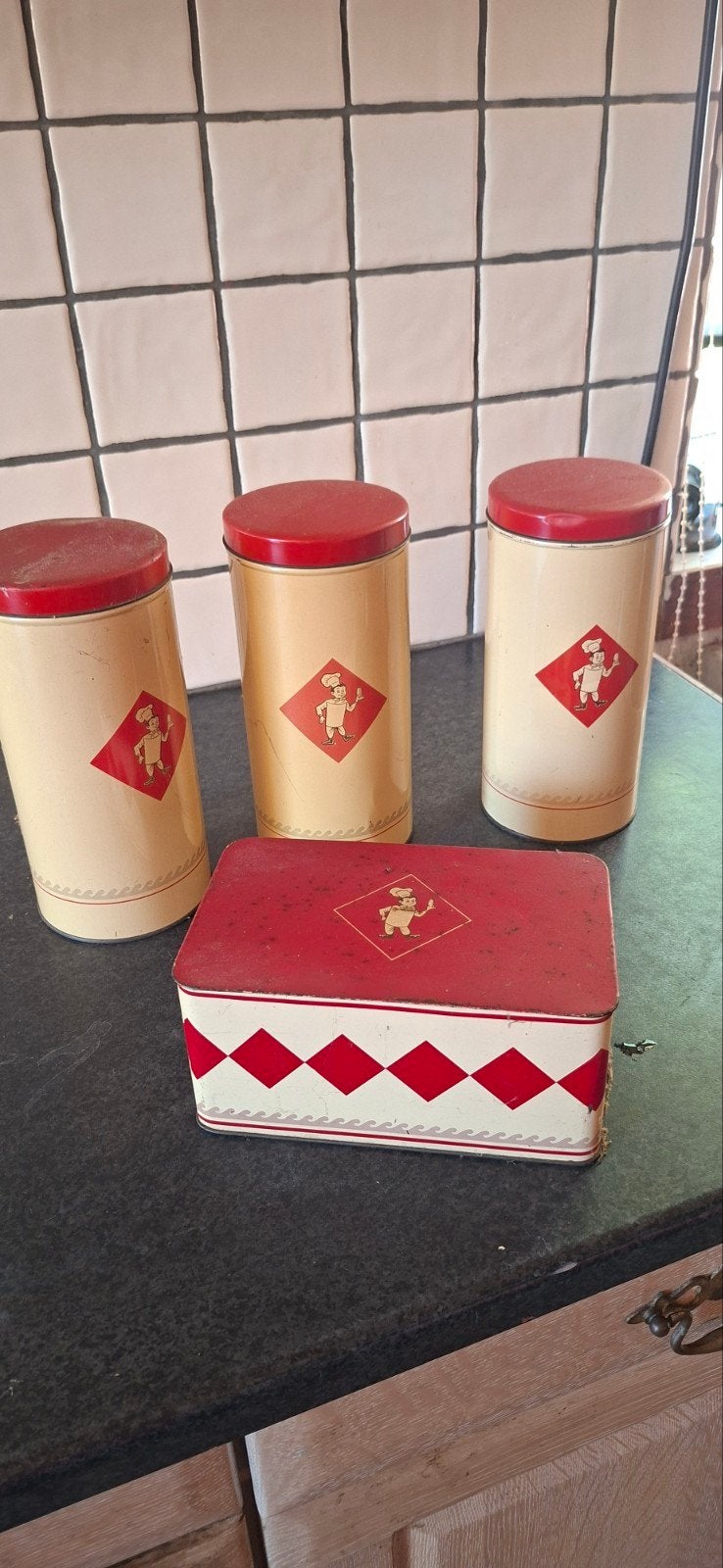 Vintage voorraadblikken set met kok-figuur, Ophalen