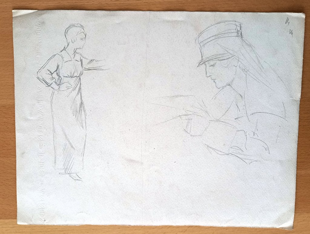 A493-44 Oude tekening Drie schetsen van vrouw (zusters), Ophalen of Verzenden