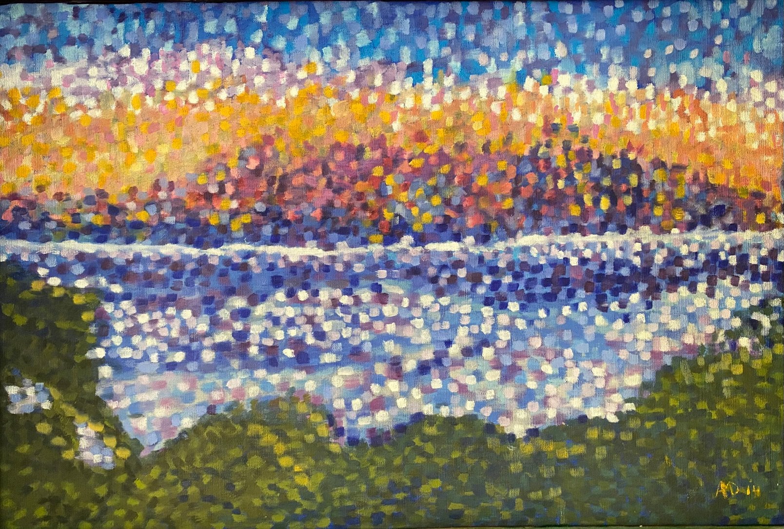Poitillistisch schilderij. Olieverf/ linnen, Antiek en Kunst, Kunst | Schilderijen | Modern, Ophalen of Verzenden