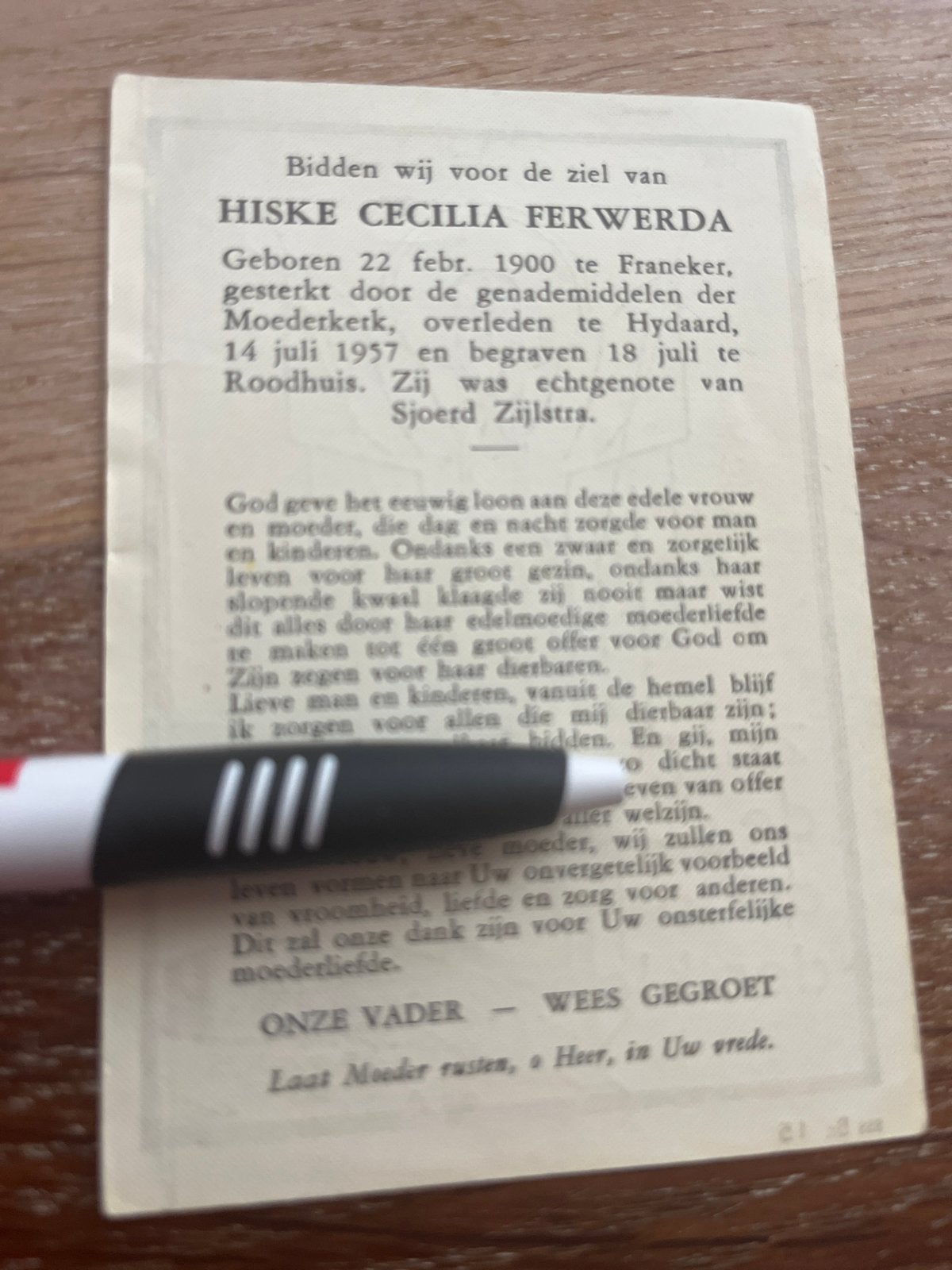 Ferwerda Hinke Franeker 1957 Hijdaard Roodhuis x Zijlstra, Ophalen of Verzenden, Bidprentje