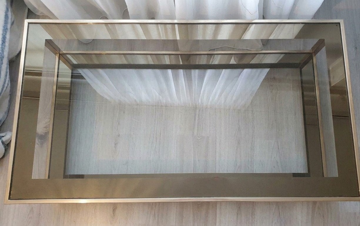 Stijlvolle glazen salontafel met metalen frame, Ophalen, 100 tot 150 cm, Stijlvol, 50 tot 100 cm