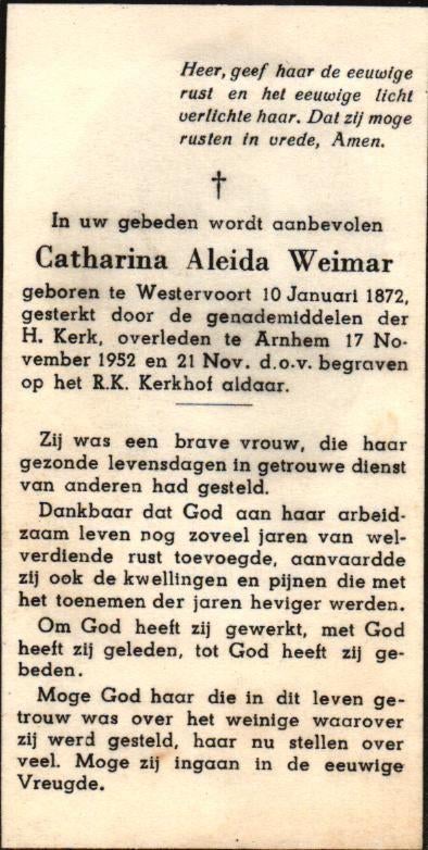 Weimar Catharina Maria Westervoort 1872-1952 Arnhem, Ophalen of Verzenden
