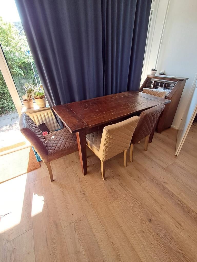 Eettafel 80 x 80 x180 met 4 stoelen bruintinten, Ophalen, Gebruikt, 50 tot 100 cm, 150 tot 200 cm