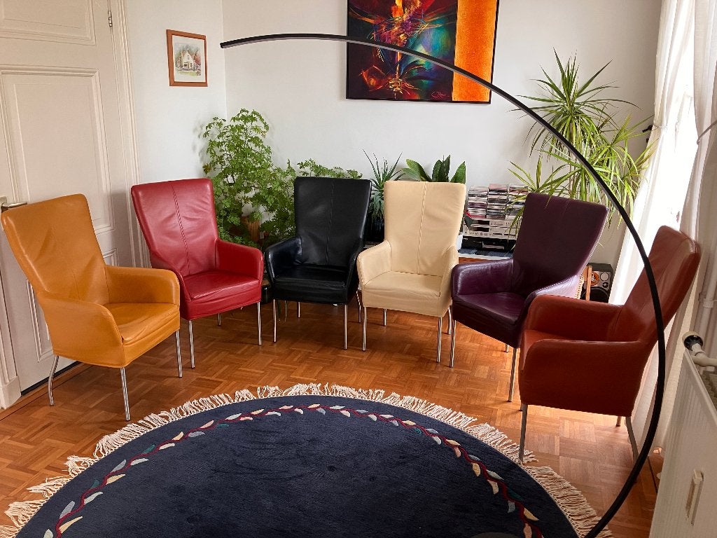 6-delige set Goossens-design leren eetkamerstoelen, Ophalen, Gebruikt, Overige kleuren, Leer