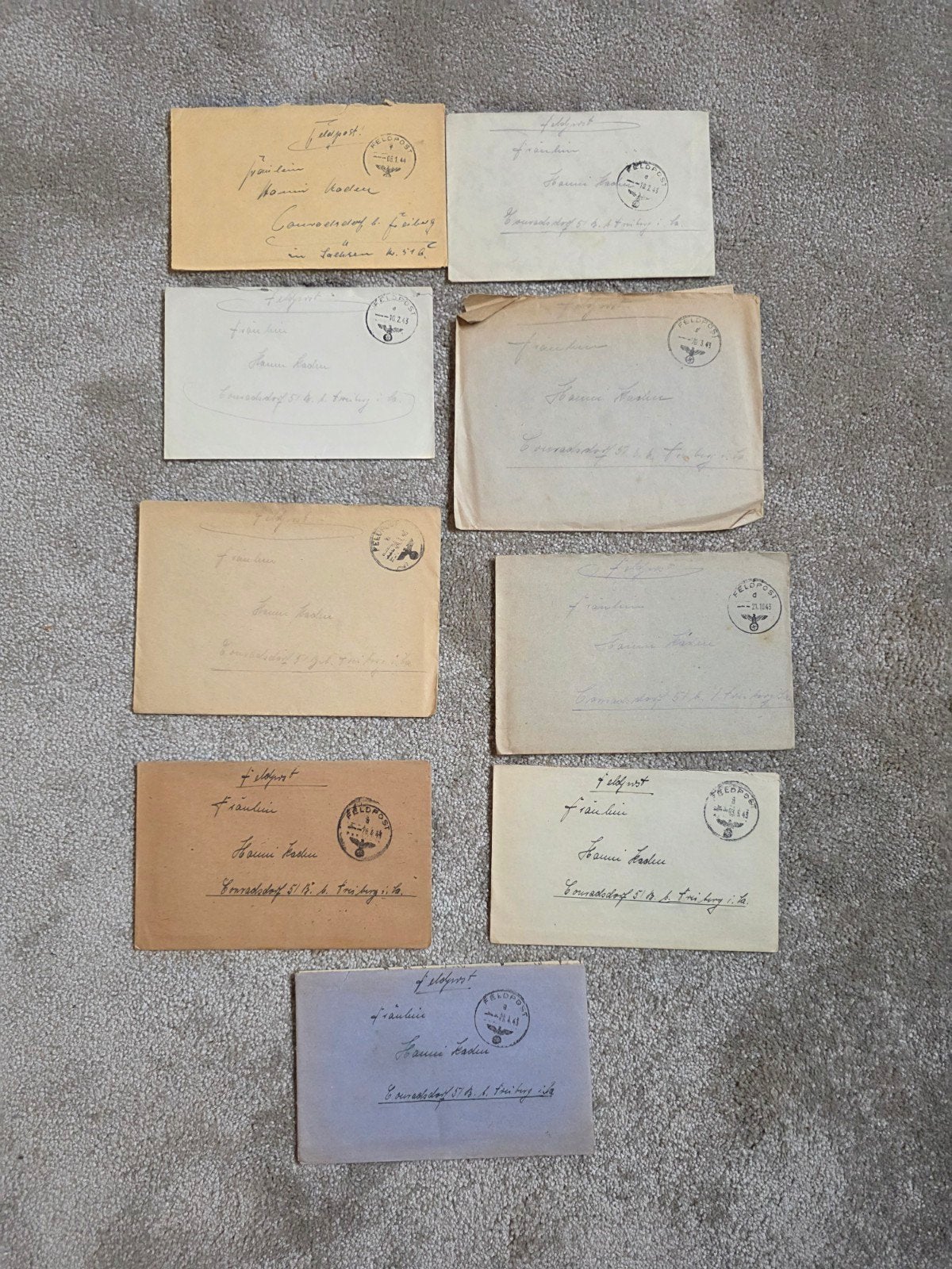 9 originele Duitse Feldpost brieven WO2 1943-44 – FPN 22334, Ophalen of Verzenden, Duitsland
