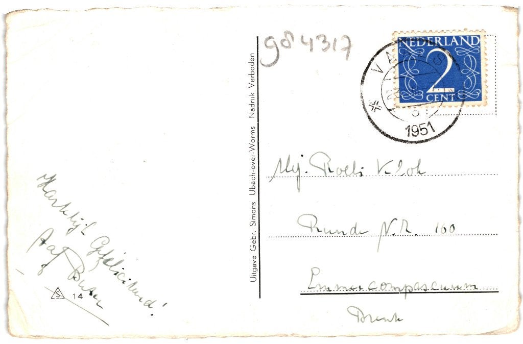 984317	Vaals	Gez op België	1951	Gelopen met Postzegel, Ophalen of Verzenden, 1940 tot 1960, Gelopen, Limburg