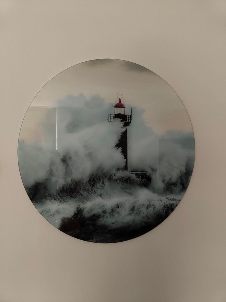 Rond Glasschilderij Vuurtoren in Woeste Zee - 80cm, Ophalen, Zo goed als nieuw, Schilderij, 75 tot 100 cm