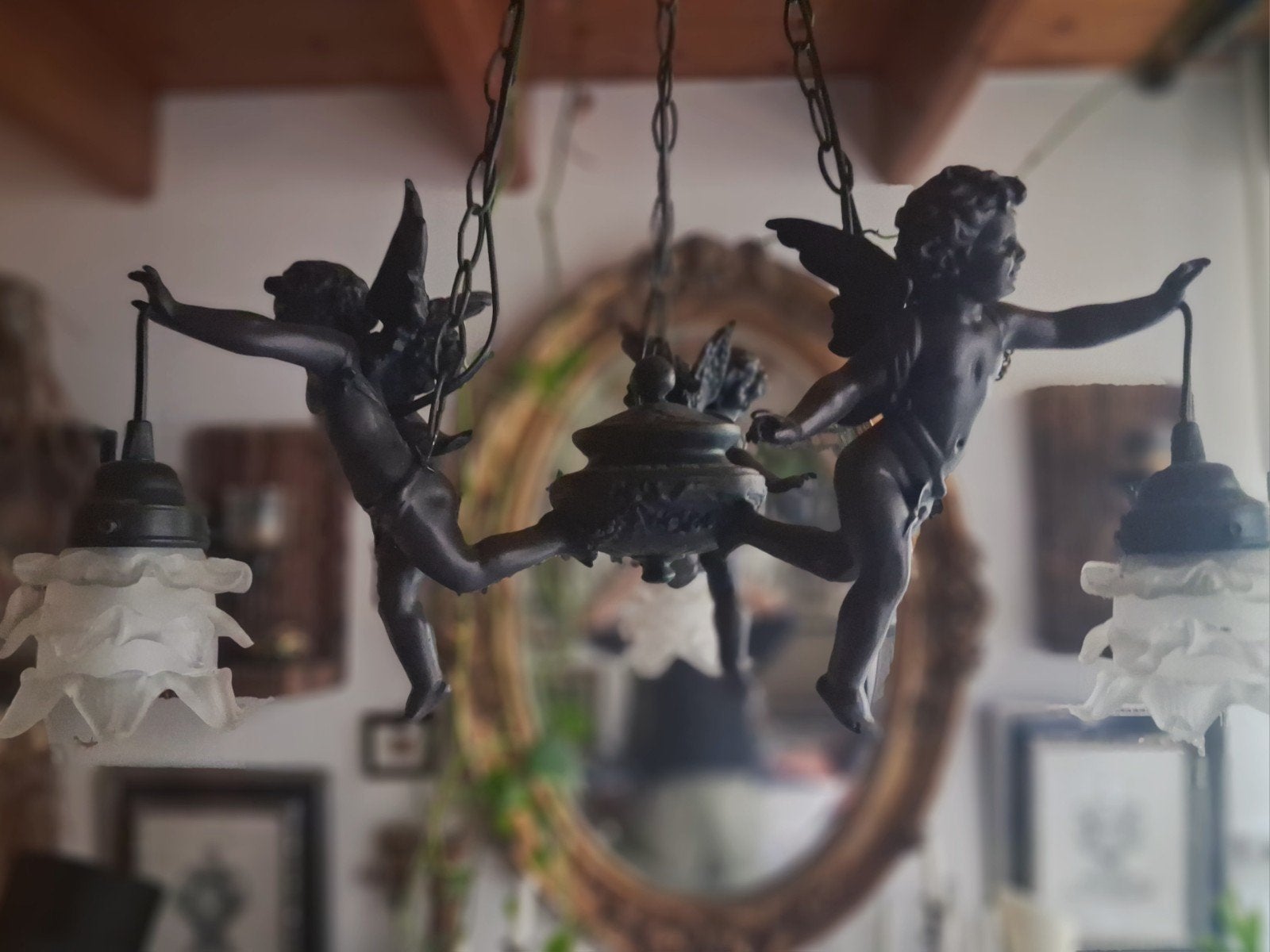 Decoratieve Kroonluchter met Engeltjes en Bloemkappen, Ophalen, Gebruikt, Glas, Klassiek, Barok, Eclectisch