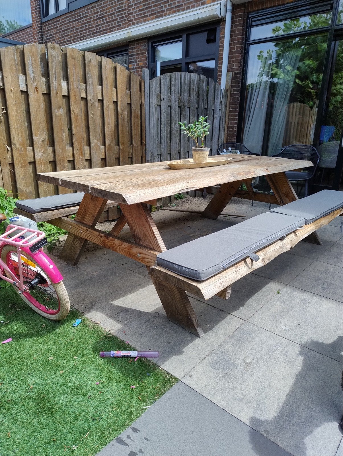Douglas picknicktafel 240 cm met kussens voor 8 personen, Tuin en Terras, Picknicktafels, Ophalen, Rechthoekig, Hout