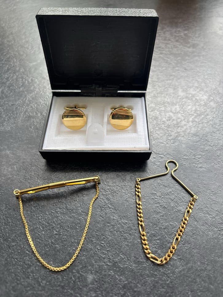 Doublé Manchetknopen en Kettingdasclips Set, Sieraden, Tassen en Uiterlijk, Manchetknopen, Ophalen of Verzenden, Nieuw, Overige materialen
