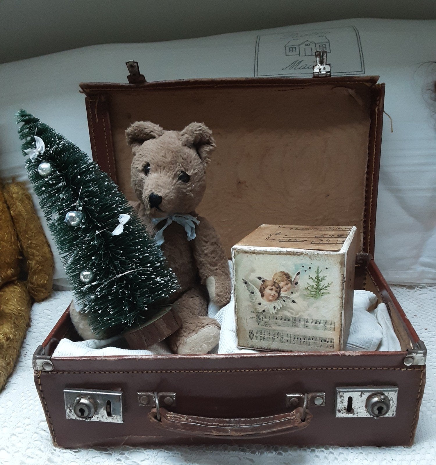 Oude koffer Brocante beer kerstboom  blokken, Ophalen of Verzenden