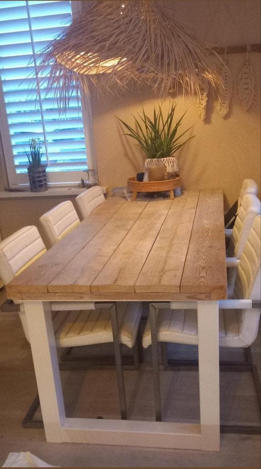 nog in nieuwstaat 6 echt lederen stoelen oudwit ., Huis en Inrichting, Ophalen, Zo goed als nieuw, Minder dan 75 cm, 50 tot 75 cm