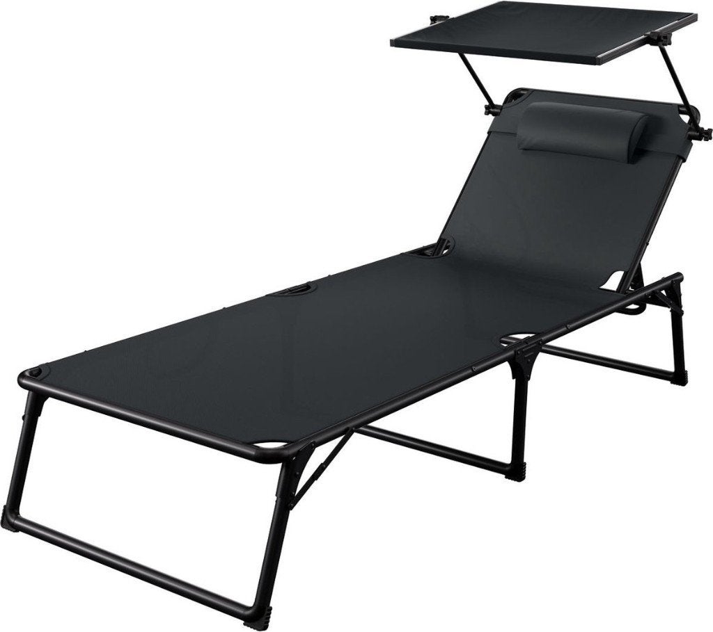 Ligbed met zonnedak (zwart), Tuin en Terras, Ophalen, Zo goed als nieuw, Aluminium, Inklapbaar